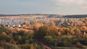 Живописный аэровид на деревенский город, окружённый яркой осенней листвой. Автор: Екатерина Худорожкова
